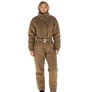 Metropolis Vintage 1 Piece Ski Suit Tan / Khaki with Belt Womens Size 12